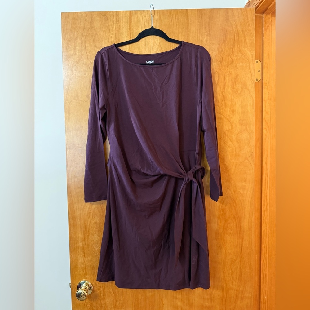 Lands End Dress Plum Purple Long Sleeve Side Tie Belt Boat Neck NWT Medium 10-12